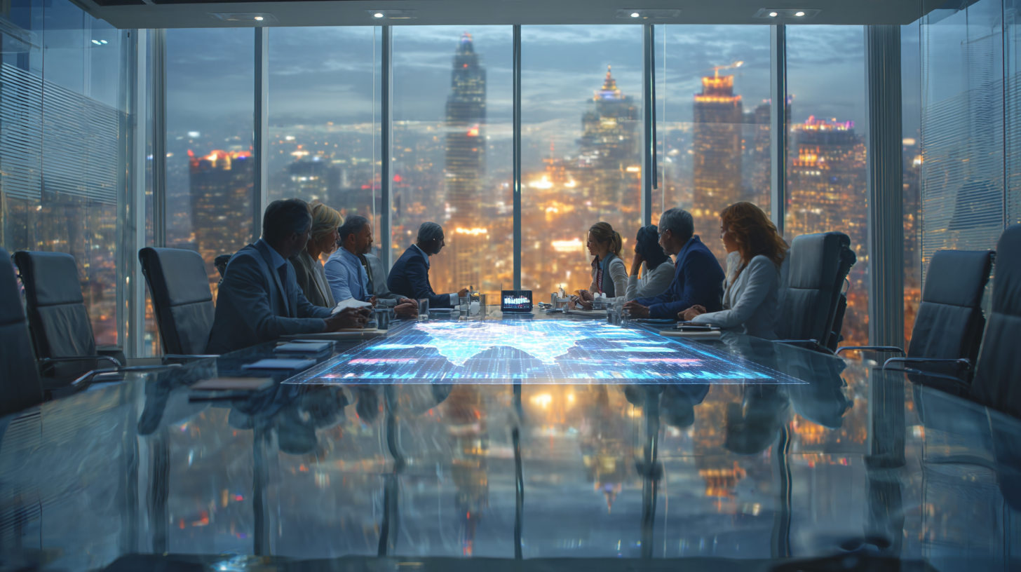 Leadership meeting in a boardroom overlooking the city at night