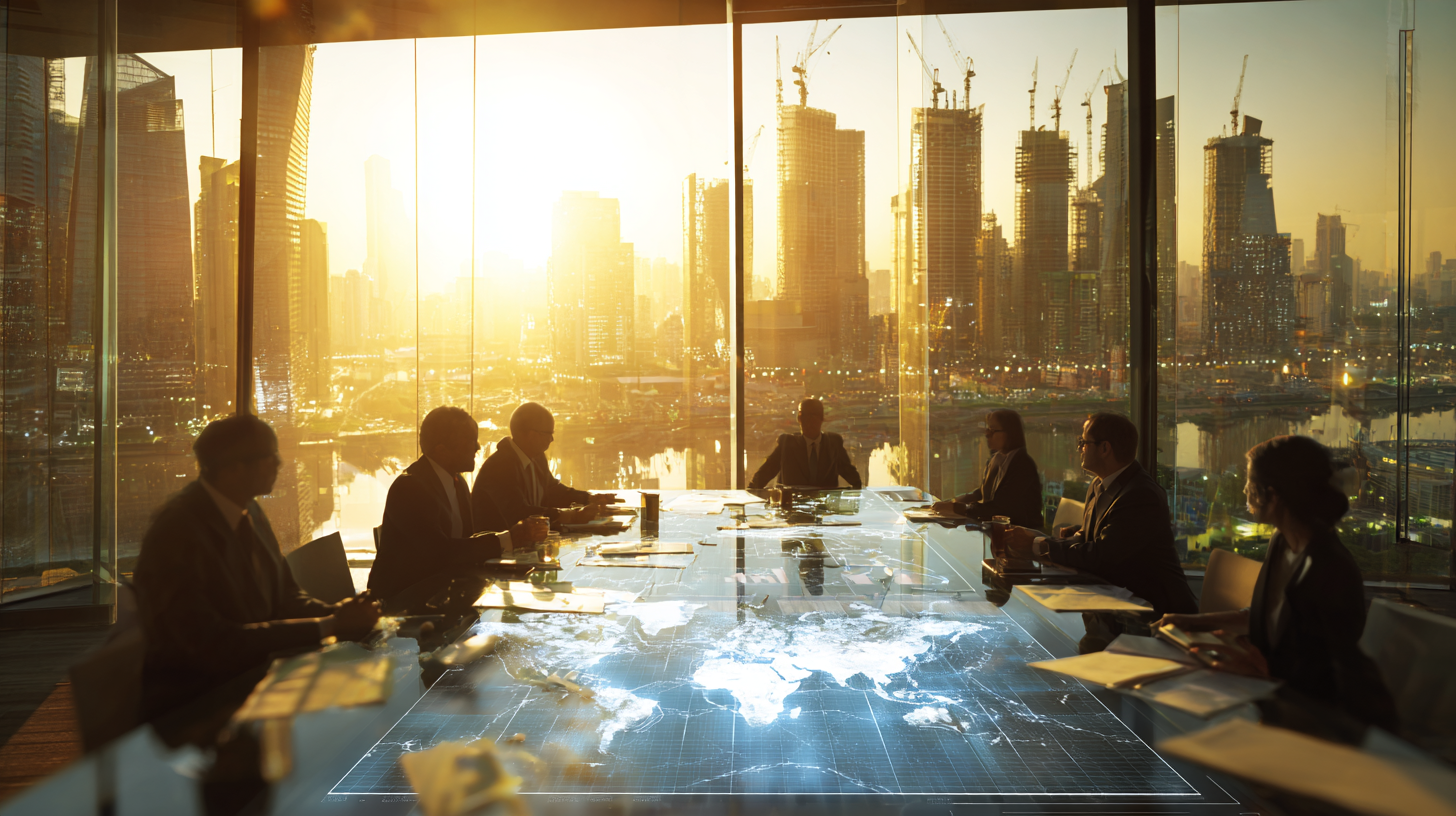 Leadership meeting in a boardroom overlooking the city at daybreak